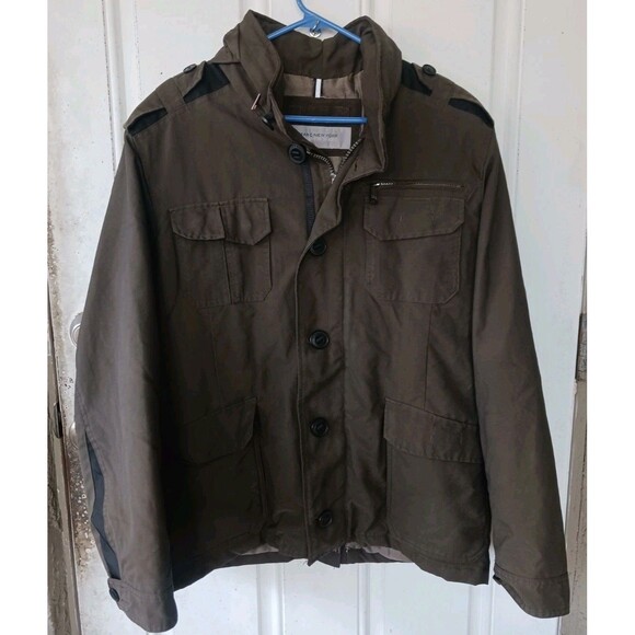 Marc New York Andrew Marc Mens Jacket Hideaway Hood Large Brown Military Utility